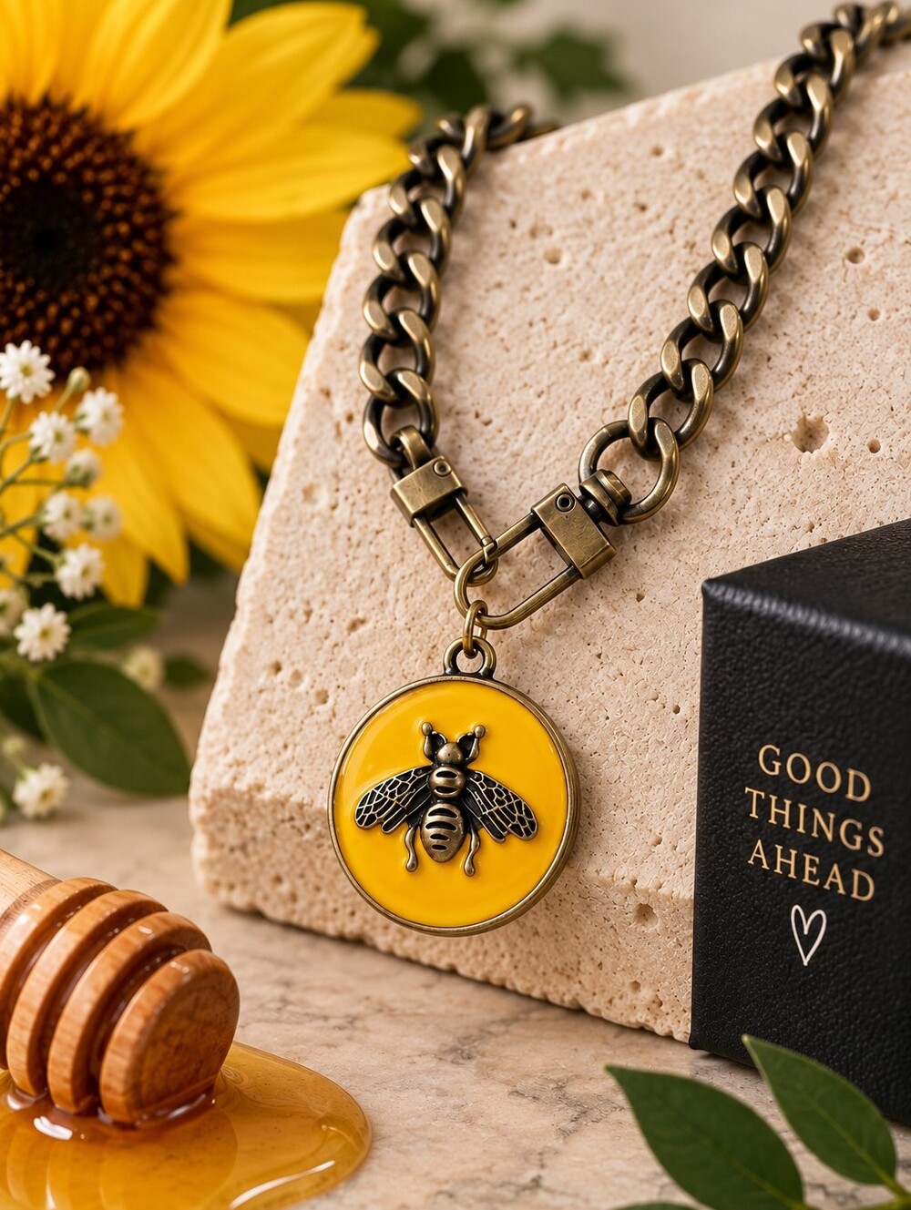 Gucci Yellow Enamel Bee Medallion Pendant Aged Brass Made In Italy Michele Era